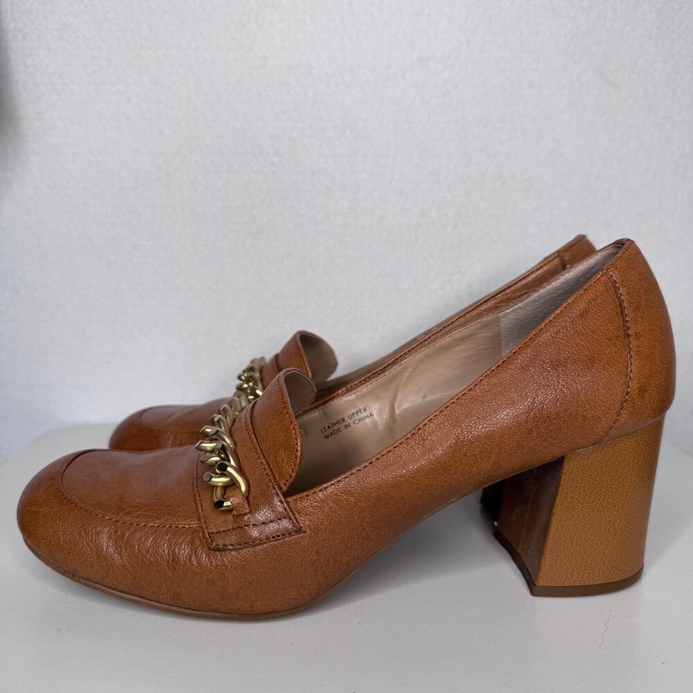 Tahari Brown Leather Chain Loafer Block Heel Pumps Womens Size 8.5 Cognac - Picture 14 of 16